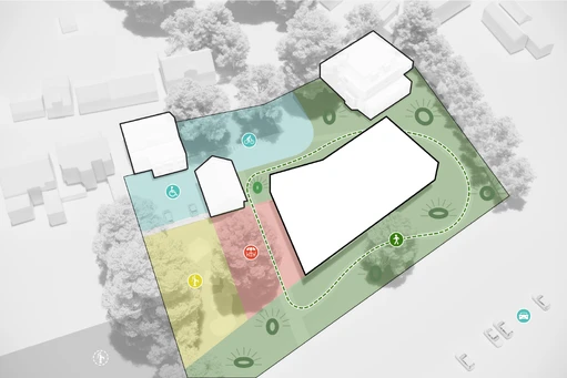 Het nieuwe museumgebouw vormt een visuele schakel tussen het koetshuis en de villa. De hoekverdraaiïng in de gevel volgt de bocht in de Molendijk. Het nieuwe gebouw blokkeert tegelijkertijd het zicht op de industriële loodsen.